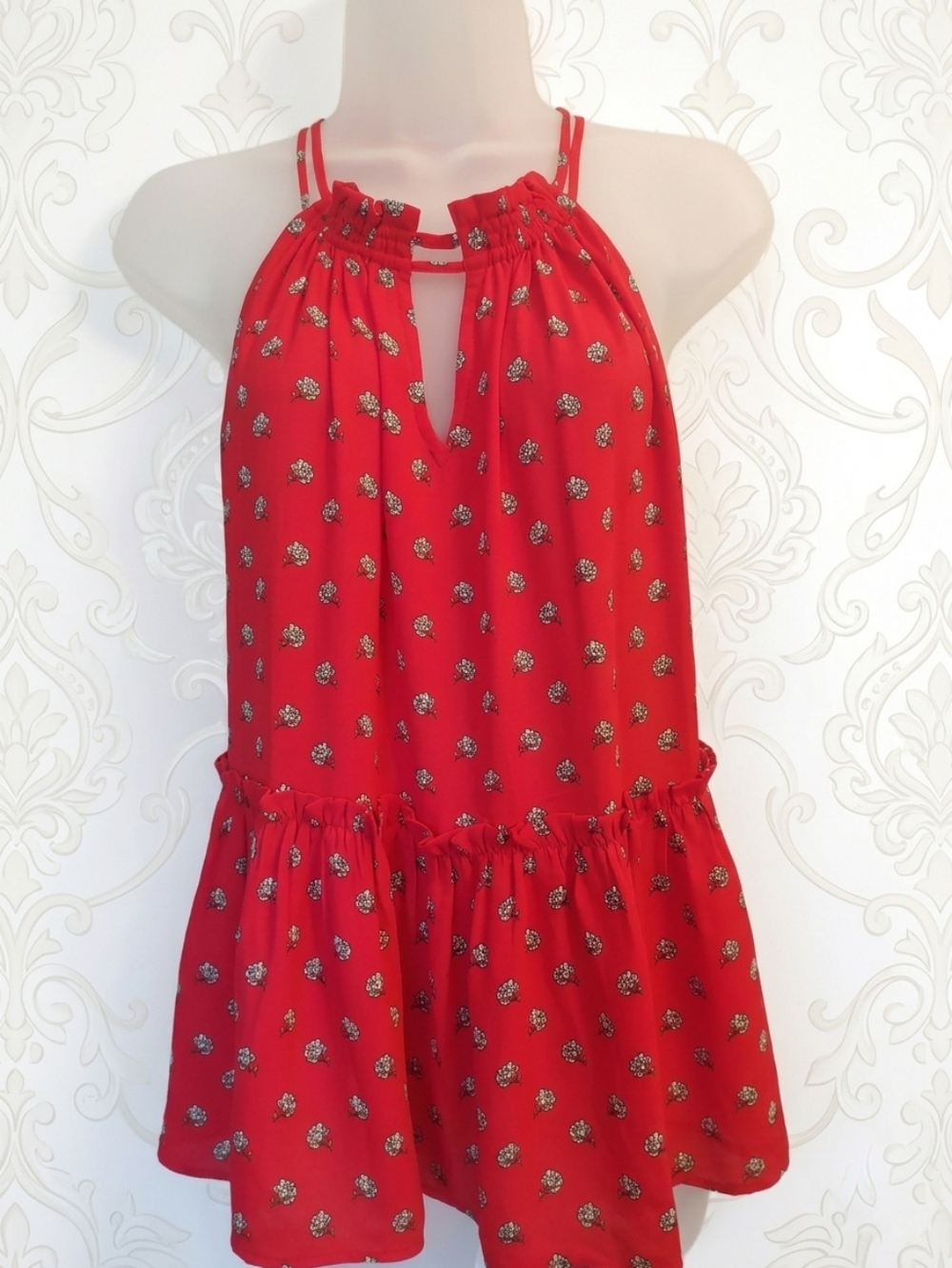 LOFT Red Floral Halter Neck Peplum Blouse Keyhole Front Size Medium